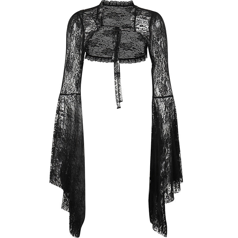Vintage Gothic Black Lace T-shirt Women Streetwear Flare Sleeve See