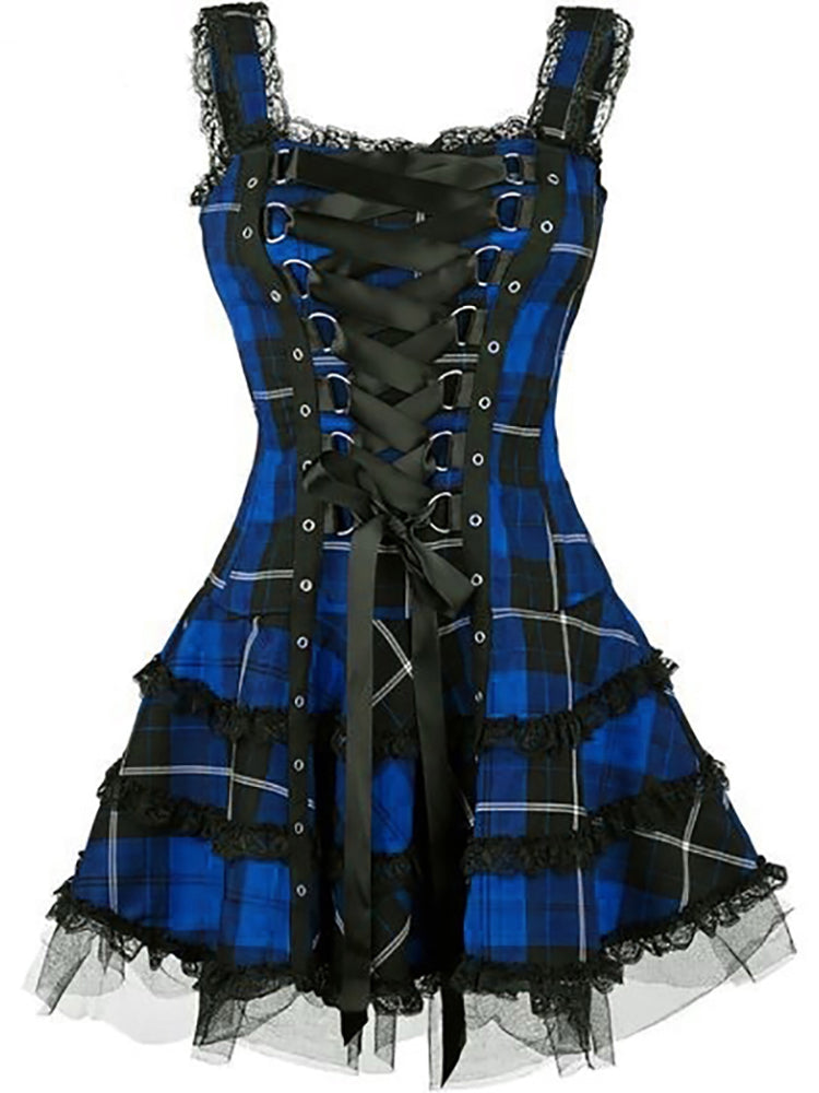 Vintage Plaid Bandage Gothic Women A line Dresses Grunge Aesthetic