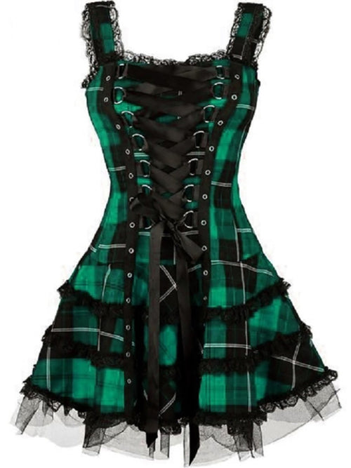 Vintage Plaid Bandage Gothic Women A line Dresses Grunge Aesthetic