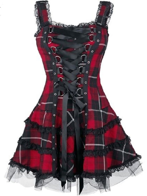 Vintage Plaid Bandage Gothic Women A line Dresses Grunge Aesthetic