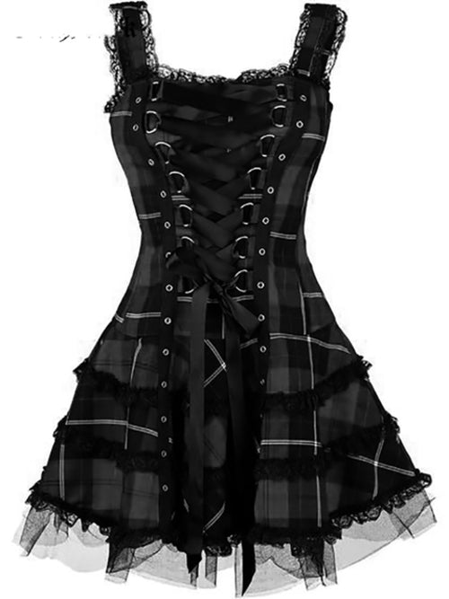 Vintage Plaid Bandage Gothic Women A line Dresses Grunge Aesthetic