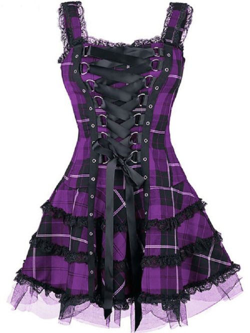 Vintage Plaid Bandage Gothic Women A line Dresses Grunge Aesthetic