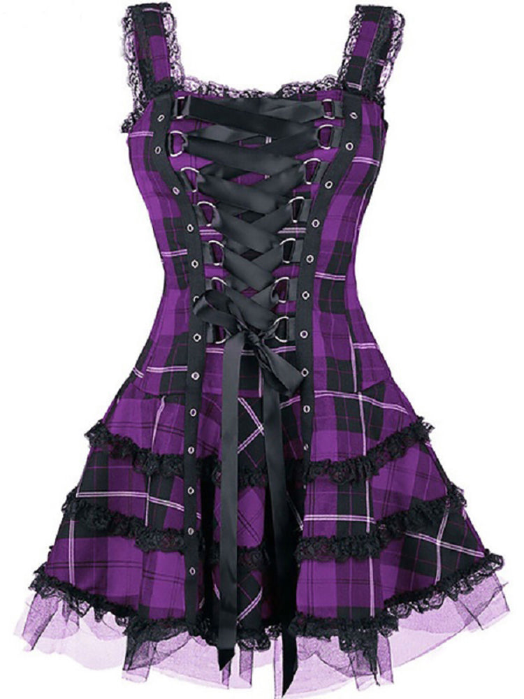 Vintage Plaid Bandage Gothic Women A line Dresses Grunge Aesthetic