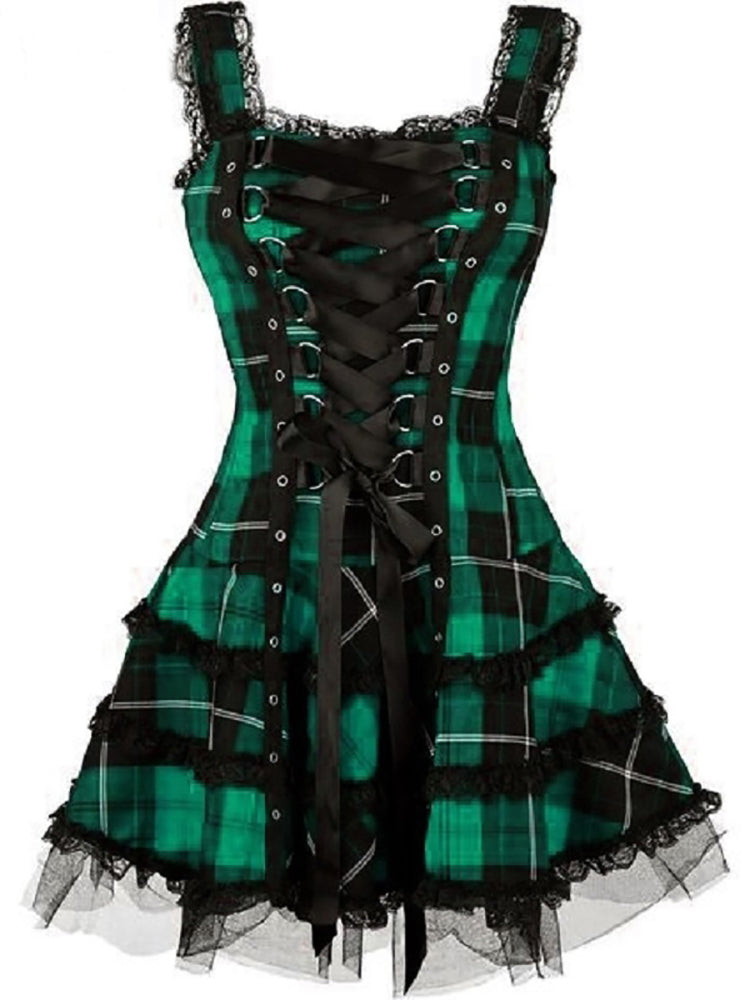 Vintage Plaid Bandage Gothic Women A line Dresses Grunge Aesthetic