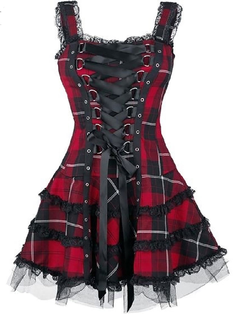 Vintage Plaid Bandage Gothic Women A line Dresses Grunge Aesthetic