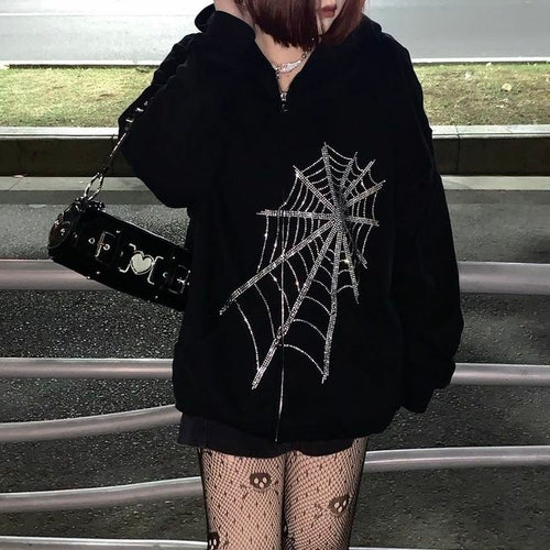 Y2k Gothic Butterfly Print Oversize Zip Up Hoodies 2021 Winter New