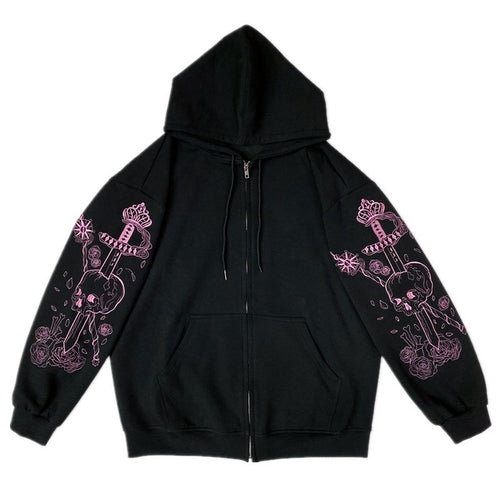 Y2k Gothic Butterfly Print Oversize Zip Up Hoodies 2021 Winter New