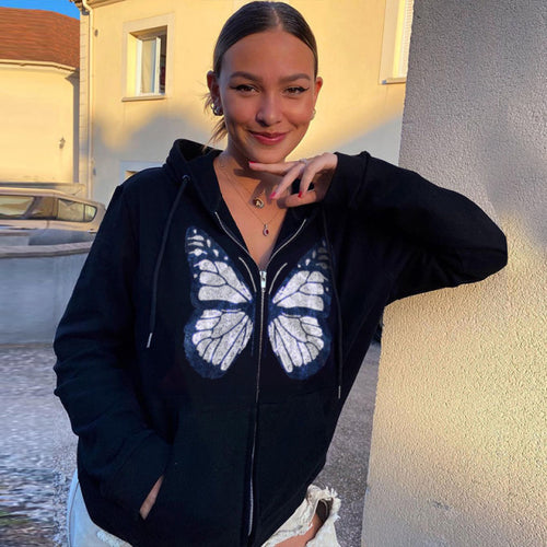 Y2k Gothic Butterfly Print Oversize Zip Up Hoodies 2021 Winter New