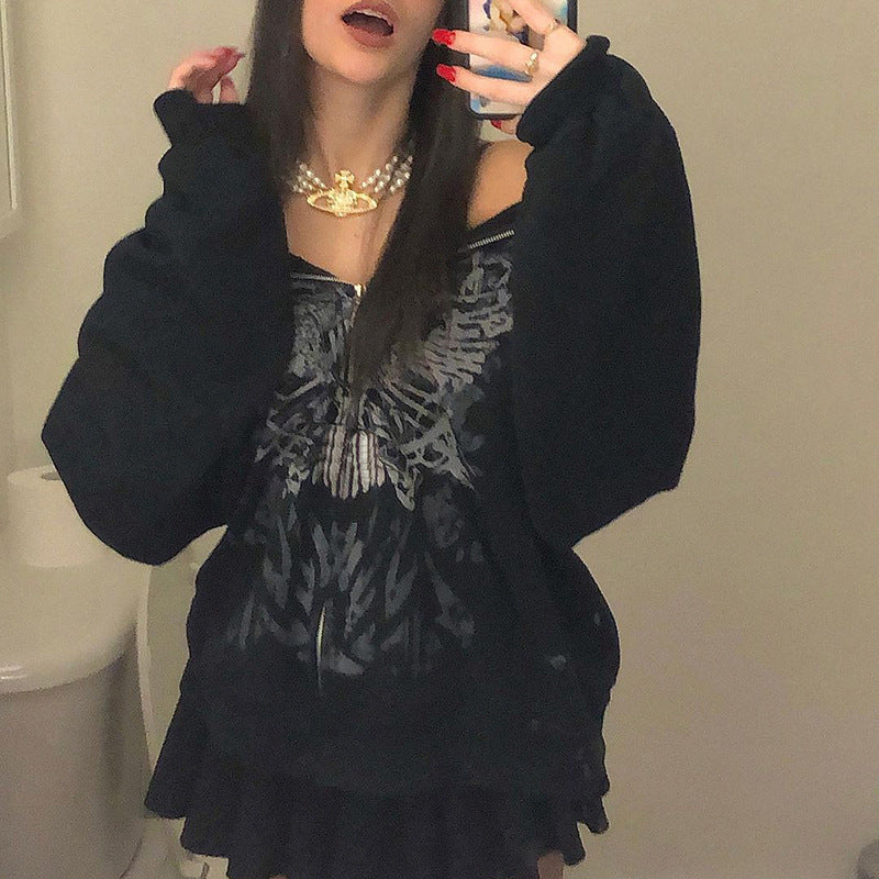 Y2k Gothic Butterfly Print Oversize Zip Up Hoodies 2021 Winter New