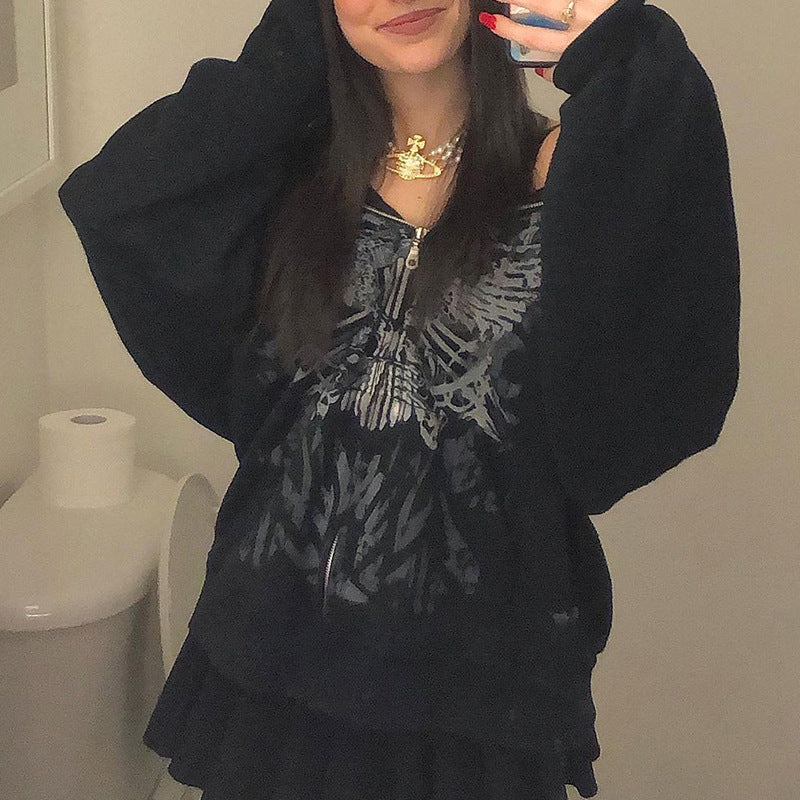 Y2k Gothic Butterfly Print Oversize Zip Up Hoodies 2021 Winter New