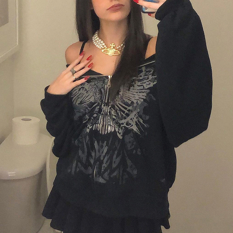 Y2k Gothic Butterfly Print Oversize Zip Up Hoodies 2021 Winter New