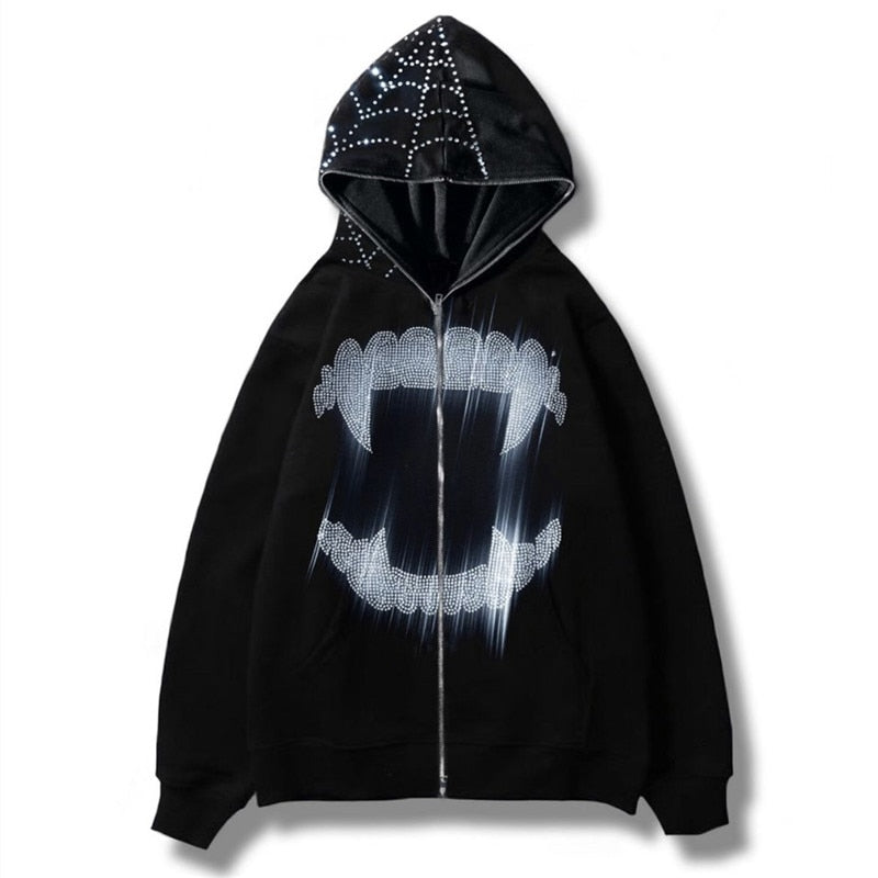 Y2k Rhinestone Cobweb Zip Up Oversized Sweatshirt 2022 Autumn Goth