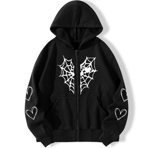 Y2k Rhinestone Cobweb Zip Up Oversized Sweatshirt 2022 Autumn Goth