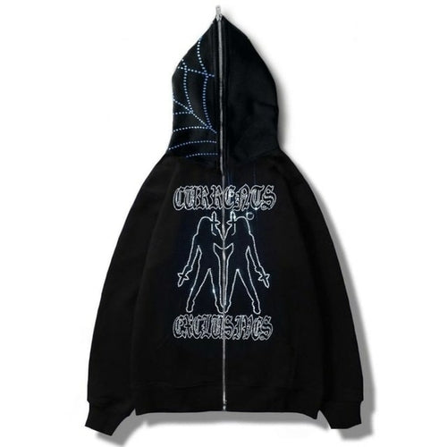 Y2k Rhinestone Cobweb Zip Up Oversized Sweatshirt 2022 Autumn Goth