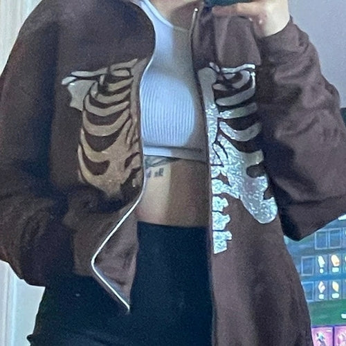 Y2k Rhinestone Cobweb Zip Up Oversized Sweatshirt 2022 Autumn Goth