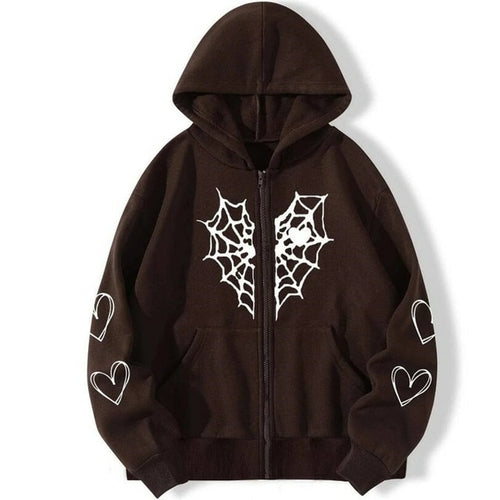 Y2k Rhinestone Cobweb Zip Up Oversized Sweatshirt 2022 Autumn Goth