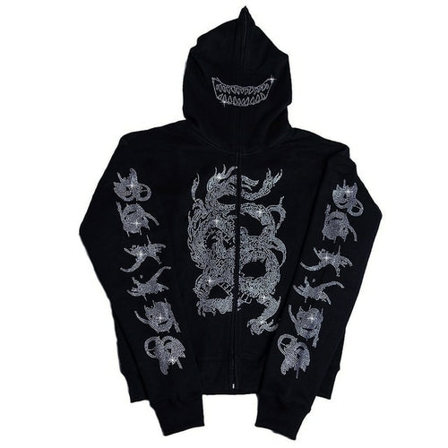 Y2k Rhinestone Cobweb Zip Up Oversized Sweatshirt 2022 Autumn Goth