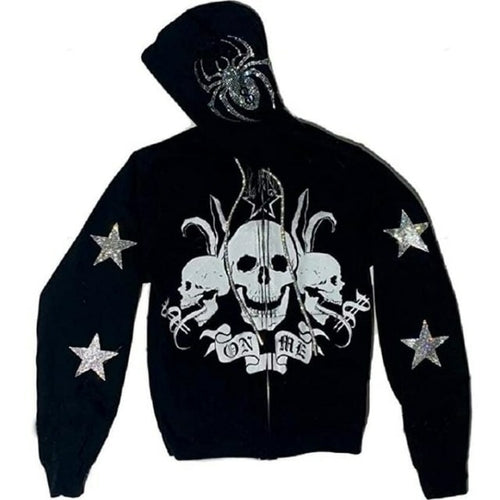 Y2k Rhinestone Cobweb Zip Up Oversized Sweatshirt 2022 Autumn Goth