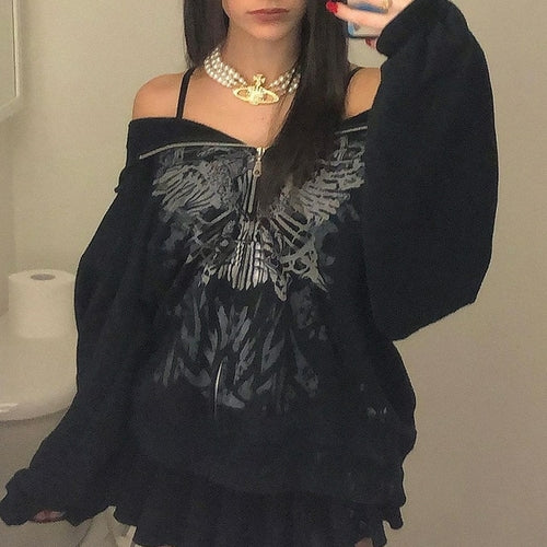 Y2k Rhinestone Cobweb Zip Up Oversized Sweatshirt 2022 Autumn Goth