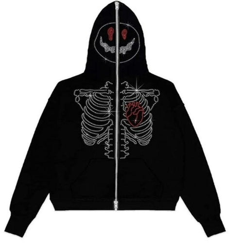 Y2k Rhinestone Cobweb Zip Up Oversized Sweatshirt 2022 Autumn Goth