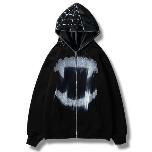 Y2k Rhinestone Cobweb Zip Up Oversized Sweatshirt 2022 Autumn Goth
