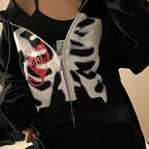 Y2k Rhinestone Cobweb Zip Up Oversized Sweatshirt 2022 Autumn Goth
