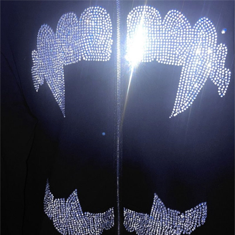 Y2k Rhinestone Cobweb Zip Up Oversized Sweatshirt 2022 Autumn Goth