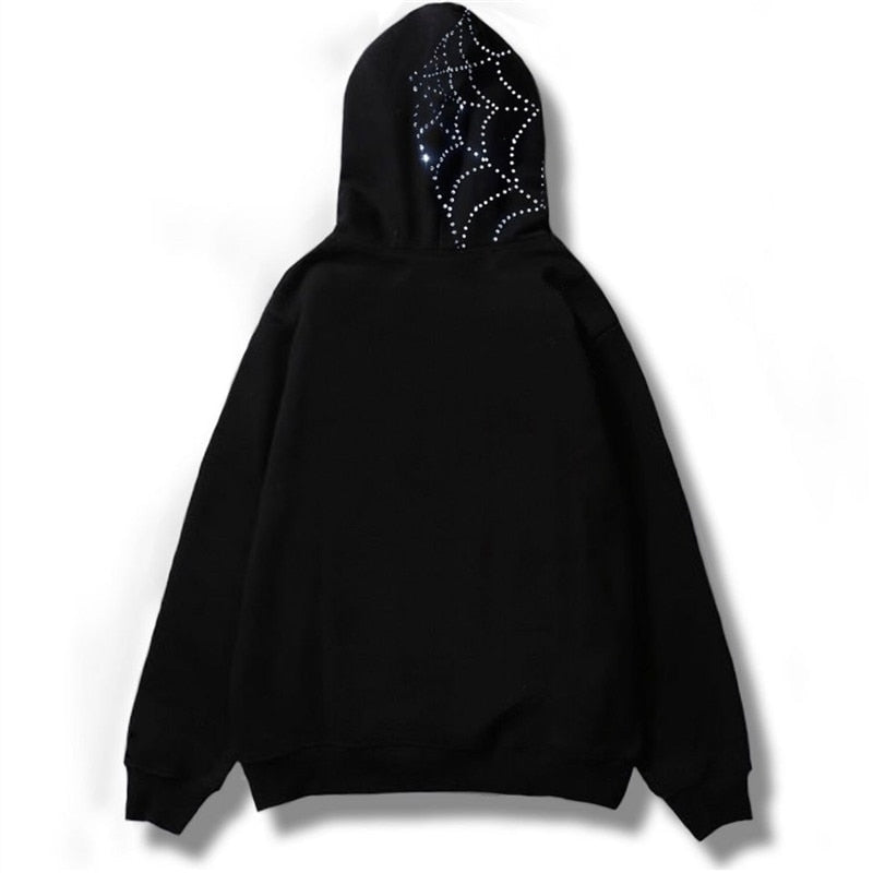 Y2k Rhinestone Cobweb Zip Up Oversized Sweatshirt 2022 Autumn Goth