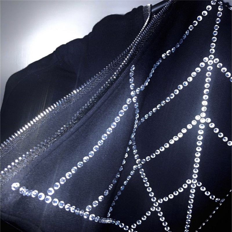 Y2k Rhinestone Cobweb Zip Up Oversized Sweatshirt 2022 Autumn Goth