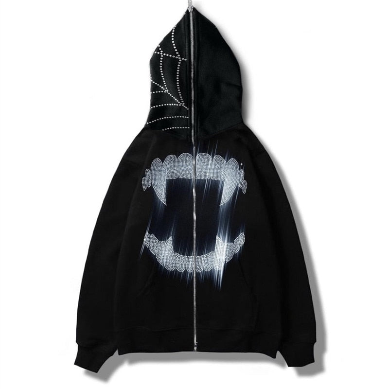 Y2k Rhinestone Cobweb Zip Up Oversized Sweatshirt 2022 Autumn Goth